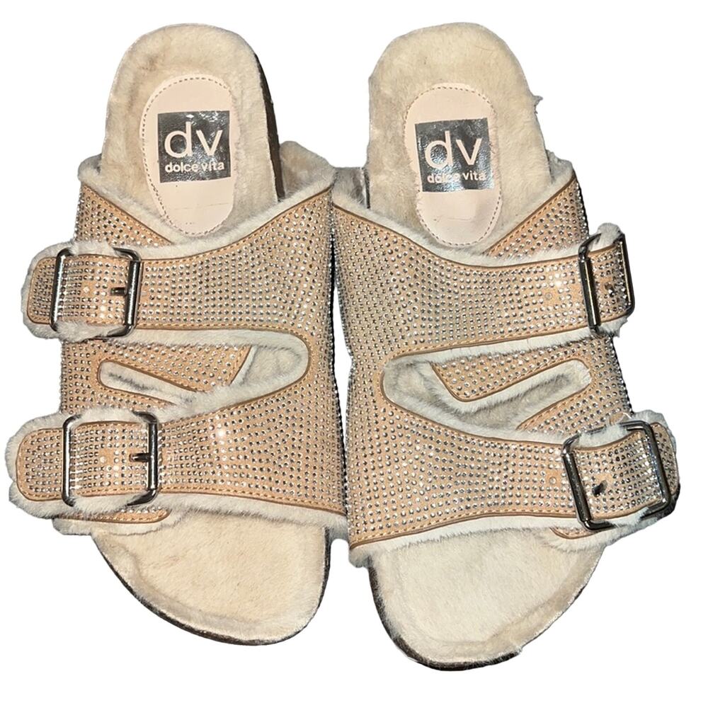 DV Dolce Vita Women's Bonita Fuzzy Fur Shimmer Slide Sandals Beige Size 7.5 NWOB - Picture 4 of 4